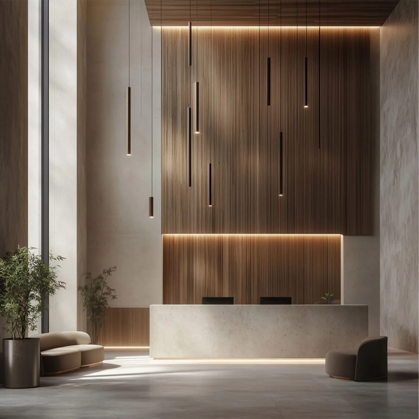 Warm-wood hotel-inspired reception lobby